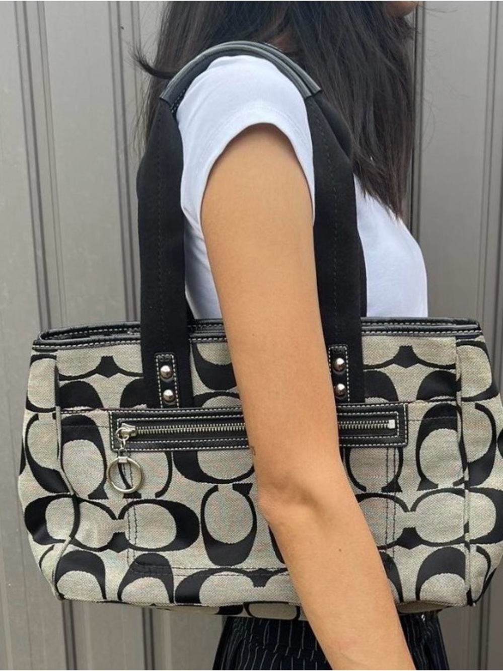 Coach Black and Cream Signature Jacquard Shoulder Bag